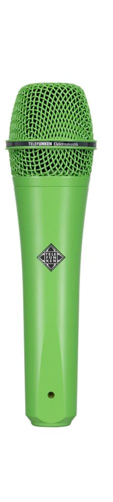 Green handheld TELEFUNKEN microphone with black branding band and logo on the body.