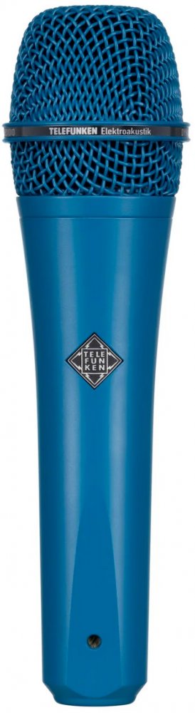 Blue handheld microphone with TELEFUNKEN logo and text on the grille and body.