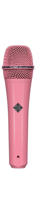 Pink handheld microphone with metal mesh grille and TELEFUNKEN logo on the body.
