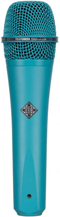 Turquoise handheld microphone with mesh grille and TELEFUNKEN brand logo on the body and grille band.