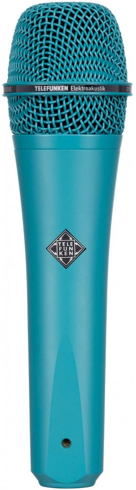 Turquoise handheld microphone with mesh grille and TELEFUNKEN brand logo on the body and grille band.