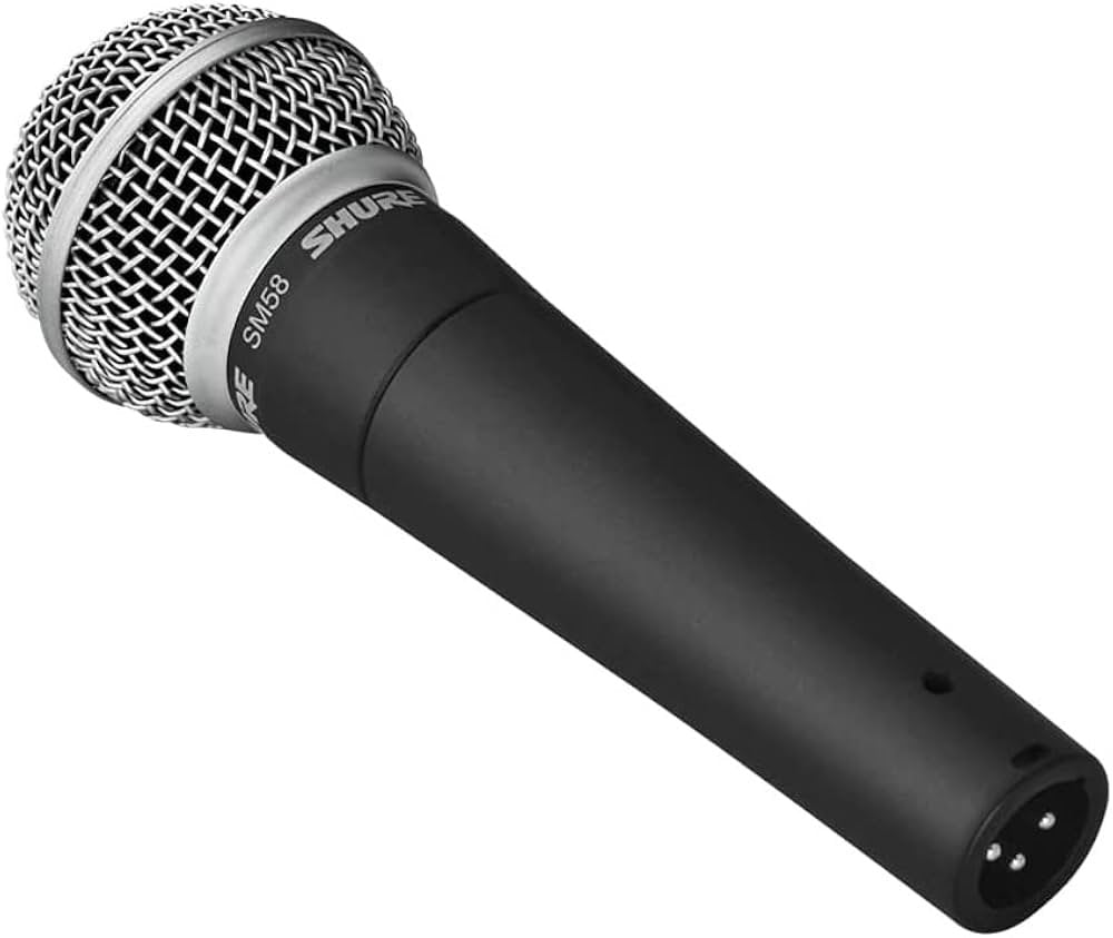 Black handheld microphone with silver mesh grille and XLR connector shown on white background.