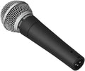 Black handheld microphone with silver mesh grille and XLR connector shown on white background.