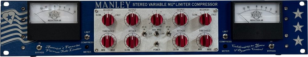 Front panel of a blue Manley stereo variable MU limiter compressor with meters, knobs, and switches.