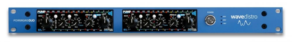 Blue rackmount audio device with two identical control panels labeled PUMP and POWERGRIDDuo branding on front.