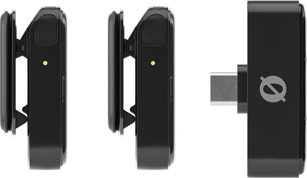 Black clip-on wireless microphone and USB-C receiver shown from side and front views.