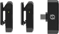 Black clip-on wireless microphone and USB-C receiver shown from side and front views.