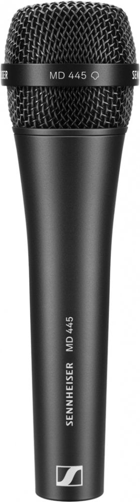 Black handheld Sennheiser MD 445 microphone with metal mesh grille and printed branding.