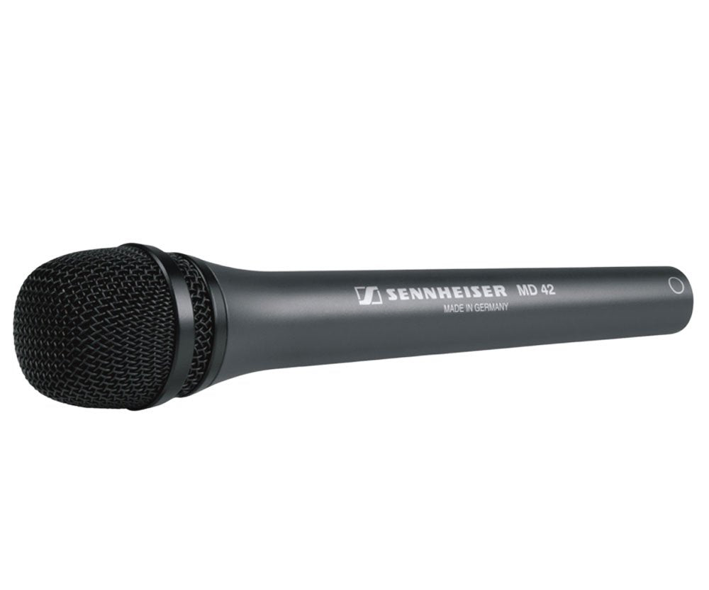 Black handheld Sennheiser MD 42 microphone with metal mesh grille on the head and text on the handle.
