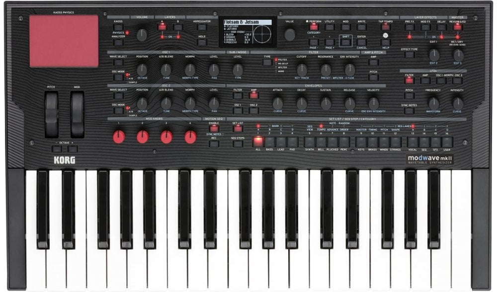 Black KORG modwave mk II synthesizer with keys, knobs, buttons, screen, and pitch/mod wheels