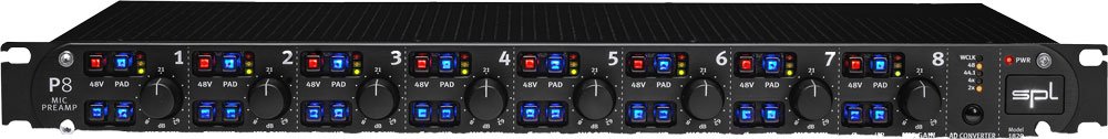 Front panel of an SPL P8 microphone preamplifier with eight channels of controls and indicators.