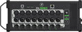 Top view of a black and gray audio mixer with multiple XLR and combo inputs, XLR outputs, USB and Ethernet ports, and headphone jack.
