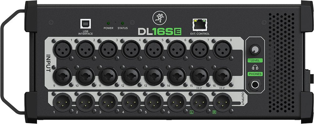 Top view of a black and gray audio mixer with multiple XLR and combo inputs, XLR outputs, USB and Ethernet ports, and headphone jack.