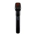 Black handheld wireless microphone with a mesh grille and a small display screen.