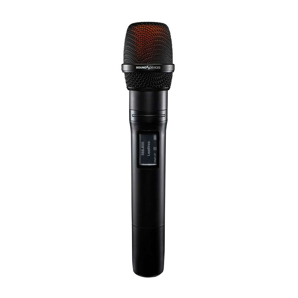Black handheld wireless microphone with a mesh grille and a small display screen.