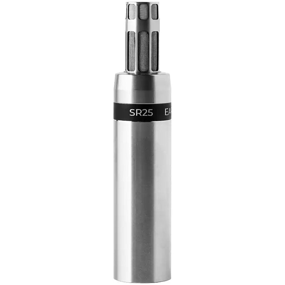Silver cylindrical microphone with a black band and mesh grille windscreen top.