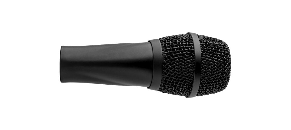 Black handheld microphone with a mesh grille and tapered handle shown from the side.