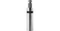 Silver microphone with black band and grille on top against a white background.