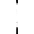 Black gooseneck microphone with cylindrical base and foam-covered head on white background.