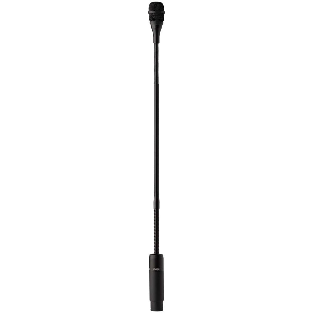 Black gooseneck microphone with cylindrical base and foam-covered head on white background.