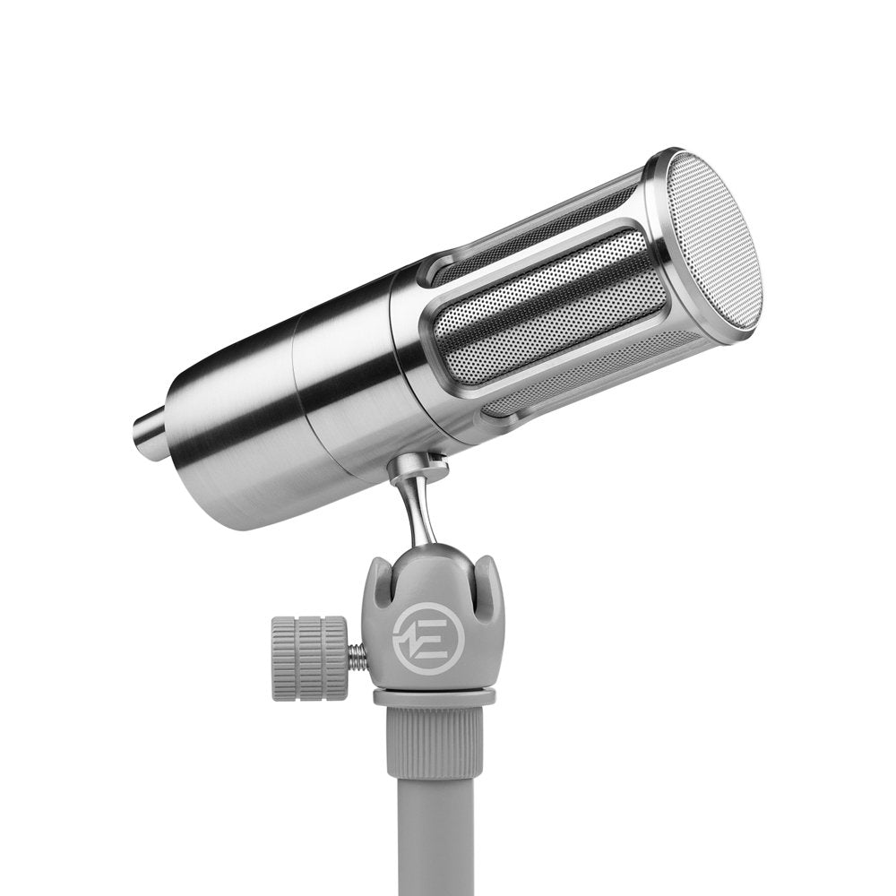 Silver cylindrical microphone with a metal mesh head on an adjustable mount with a knob and the WE logo.