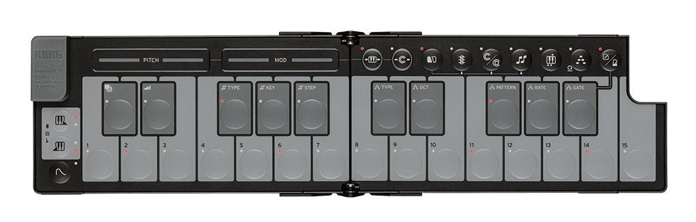 Black foldable MIDI controller with touch keys, sliders, and buttons labeled with musical controls