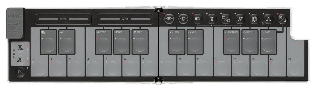 Foldable white and black MIDI controller with multiple pads and buttons labeled for pitch, mod, and pattern controls.
