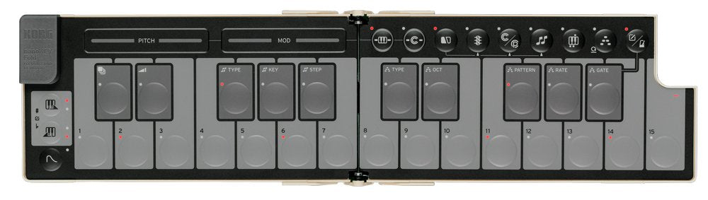 Folded MIDI controller with black keys, sliders labeled PITCH and MOD, and various buttons on a sand beige base.