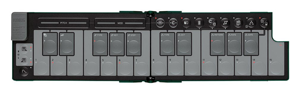 Folded MIDI controller keyboard in alpine green with labeled touch keys and rotary controls, featuring a USB-C connector.