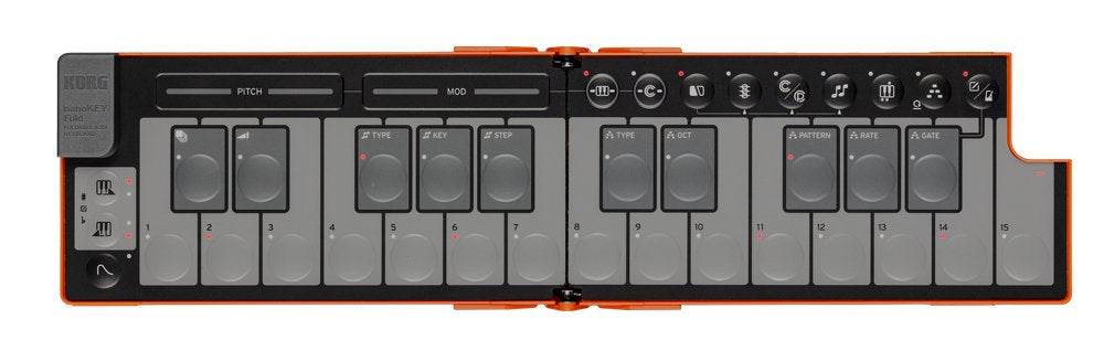 Folded compact MIDI keyboard controller with buttons, sliders, and labeled keys in orange and black.