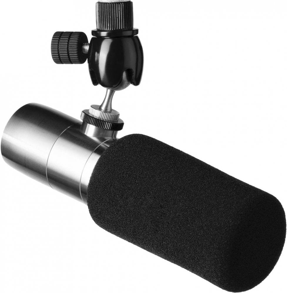 Silver and black studio microphone with a foam windscreen and adjustable swivel mount on a white background.