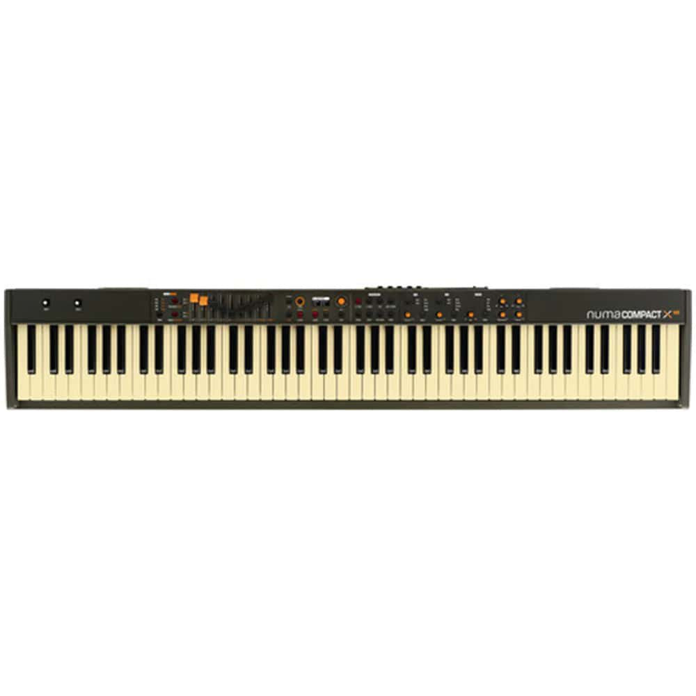 Black keyboard synthesizer with white keys and multiple sliders, knobs, and buttons across the top panel.
