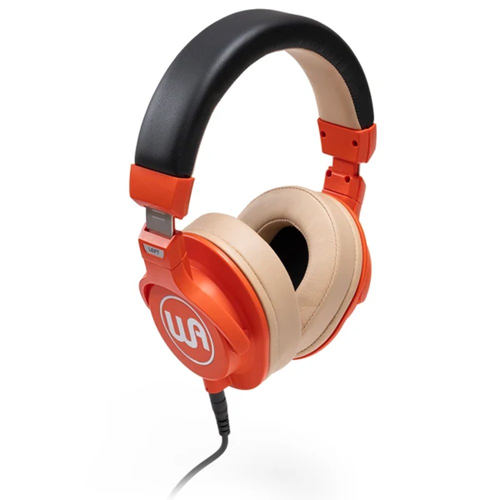 Over-ear headphones with orange ear cups, beige ear pads, and black headband with a wired cable attached.