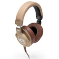 Tan and brown over-ear wired headphones with padded headband and ear cups showing the left side.