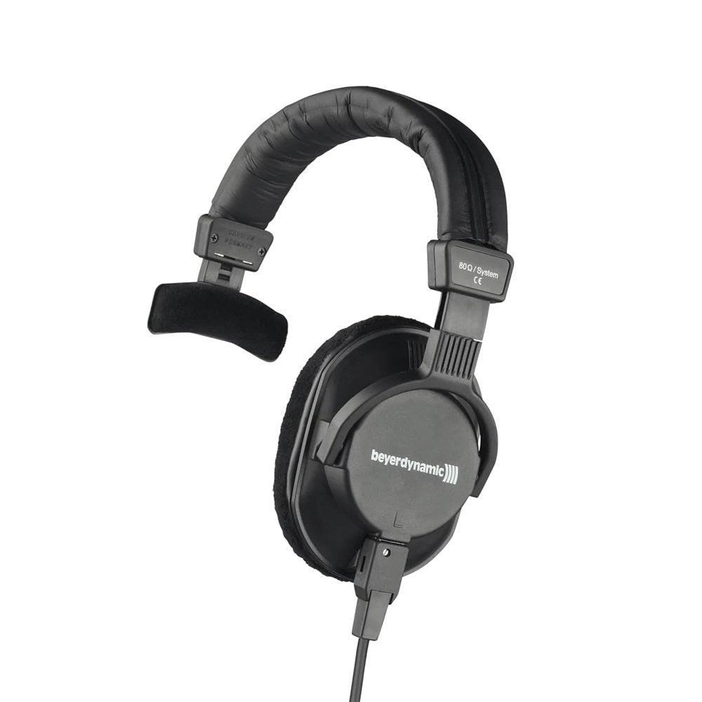 Black single-sided wired over-ear headphone with padded headband and fabric-covered ear cushion, labeled beyerdynamic.