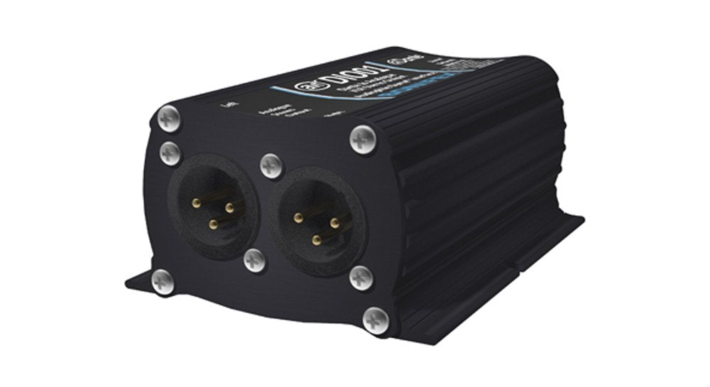 Black metal box with two 3-pin male circular connectors on one end, labeled SONIFEX DIO 01.
