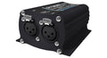 Black metal converter box with two female XLR connectors and push buttons on one side.
