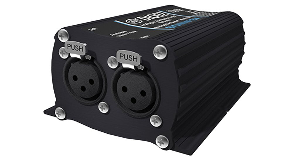 Black metal converter box with two female XLR connectors and push buttons on one side.