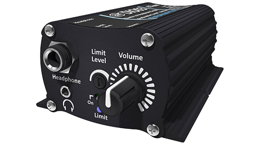 Black electronic device with headphone jack, volume knob, and limit level switch on front panel.