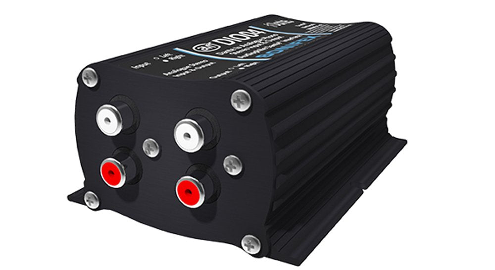 Black converter device showing four RCA connectors on the front panel.