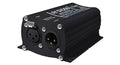 Black digital audio interface box with male and female 3-pin XLR connectors and push button on front panel.