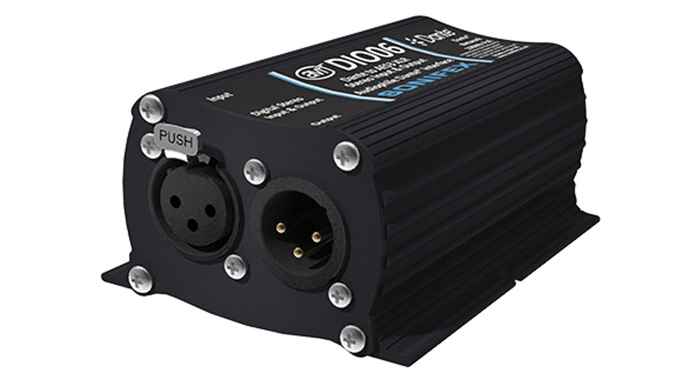 Black digital audio interface box with male and female 3-pin XLR connectors and push button on front panel.