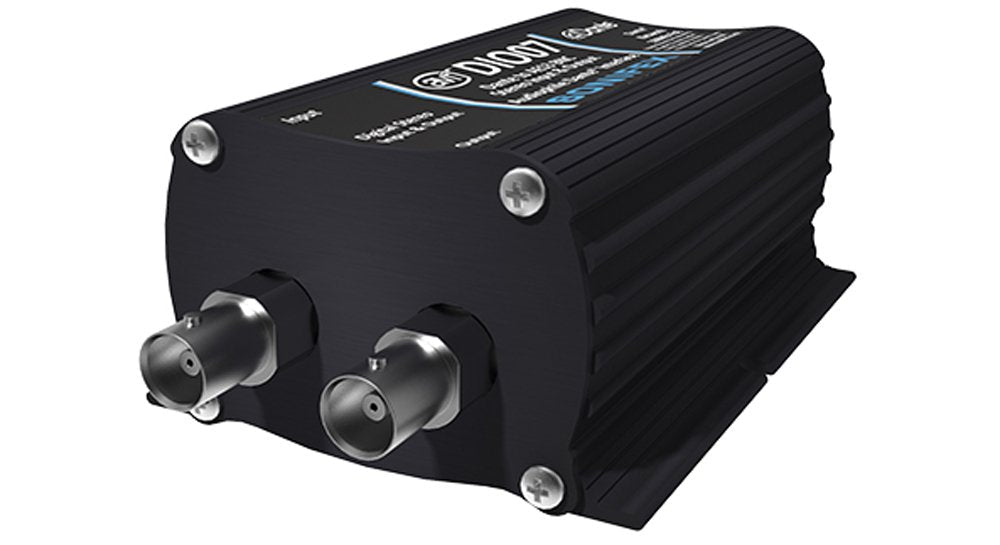 Black rectangular converter unit with two silver BNC connectors on one side and labeled text on top.