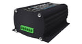 Black rectangular metal electronic device with a green multi-pin terminal block connector on one side.