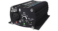 Black metal audio converter with XLR mic input, mic gain dial, HPF and +48V switches with LED indicators.