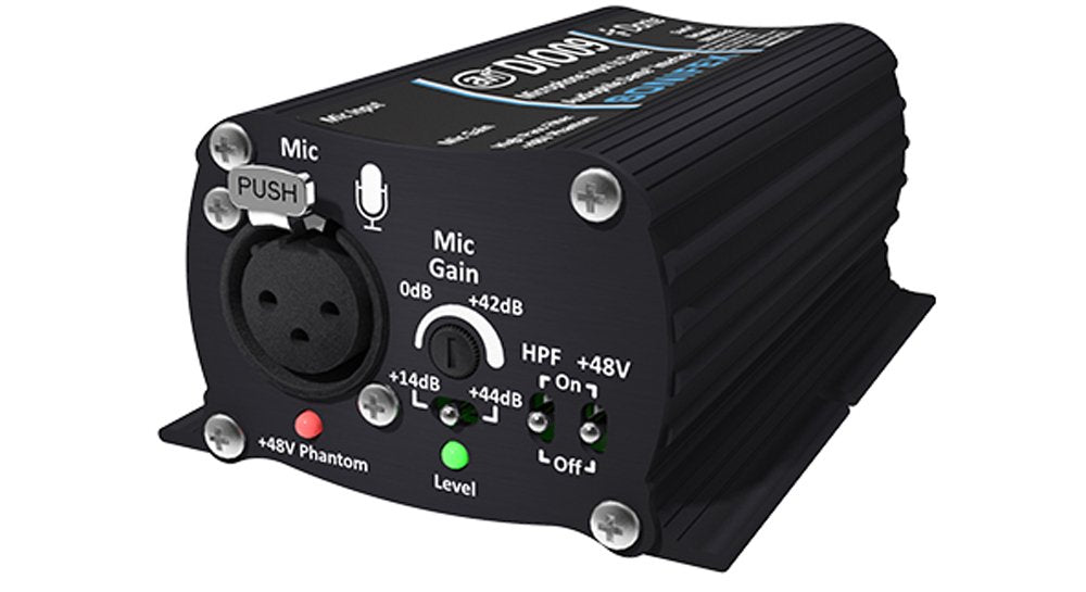 Black metal audio converter with XLR mic input, mic gain dial, HPF and +48V switches with LED indicators.