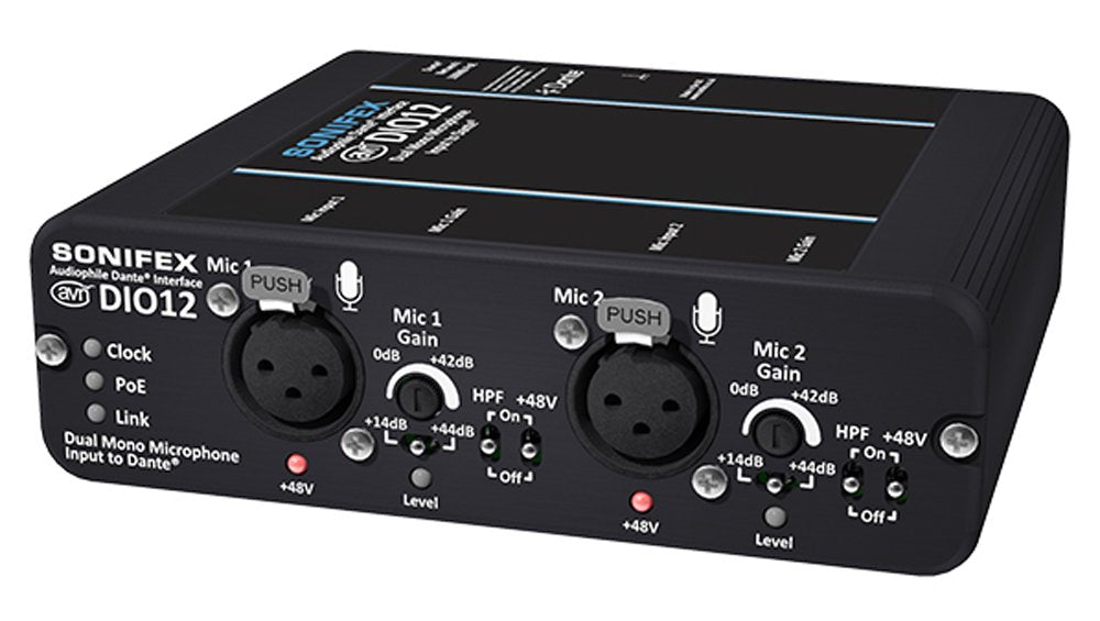 Black Sonifex DIO12 device with two XLR microphone inputs and gain, level, and switch controls on front panel.