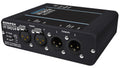 Black Sonifex device with four XLR connectors and push buttons labeled inputs and outputs