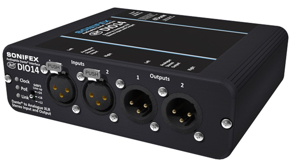 Black Sonifex device with four XLR connectors and push buttons labeled inputs and outputs