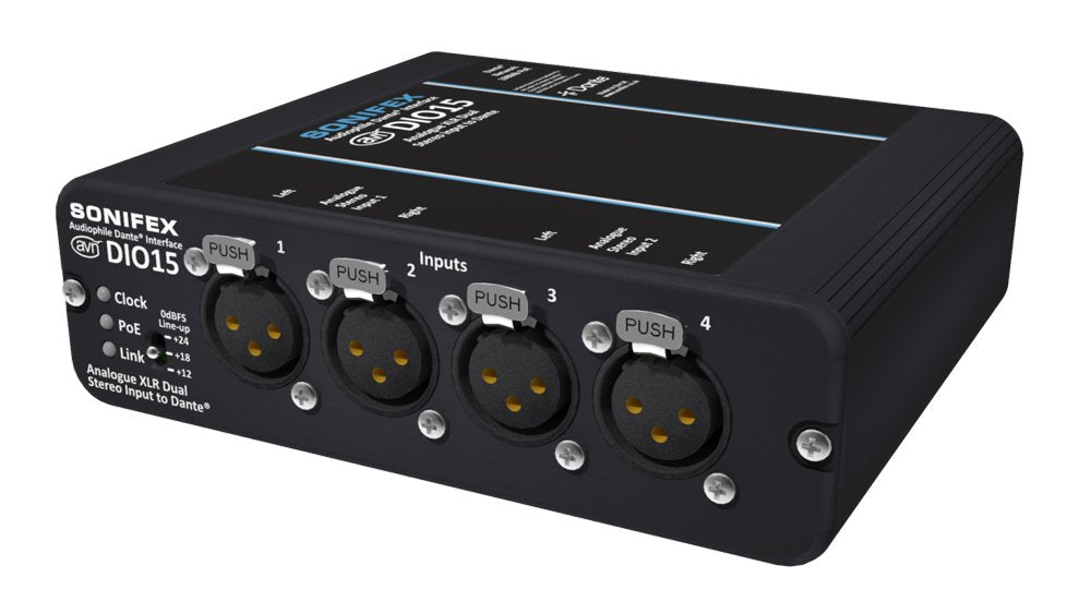 Black audio interface box with four XLR input connectors and status indicator LEDs on the front panel.